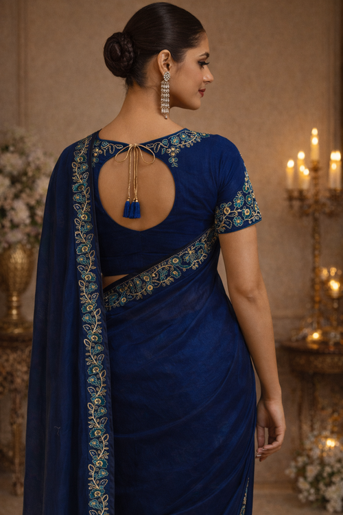 Royal Blue Pure Chanderi Embroidered Saree With Ready Blouse