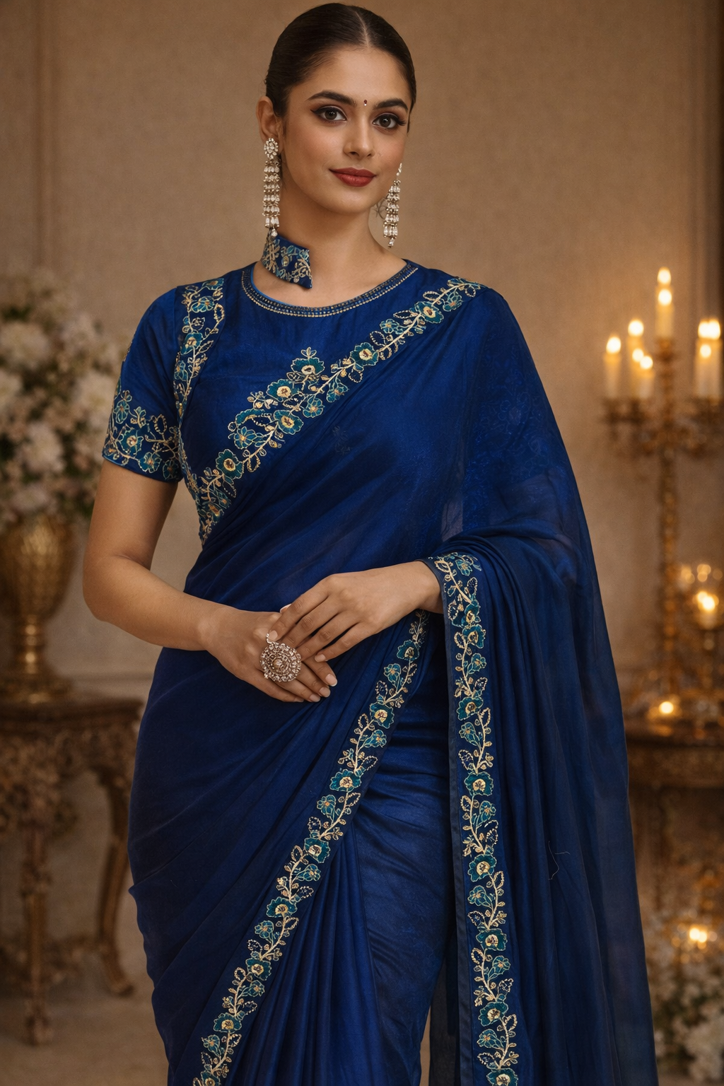 Royal Blue Pure Chanderi Embroidered Saree With Ready Blouse