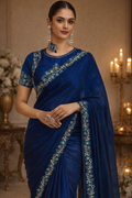 Royal Blue Pure Chanderi Embroidered Saree With Ready Blouse