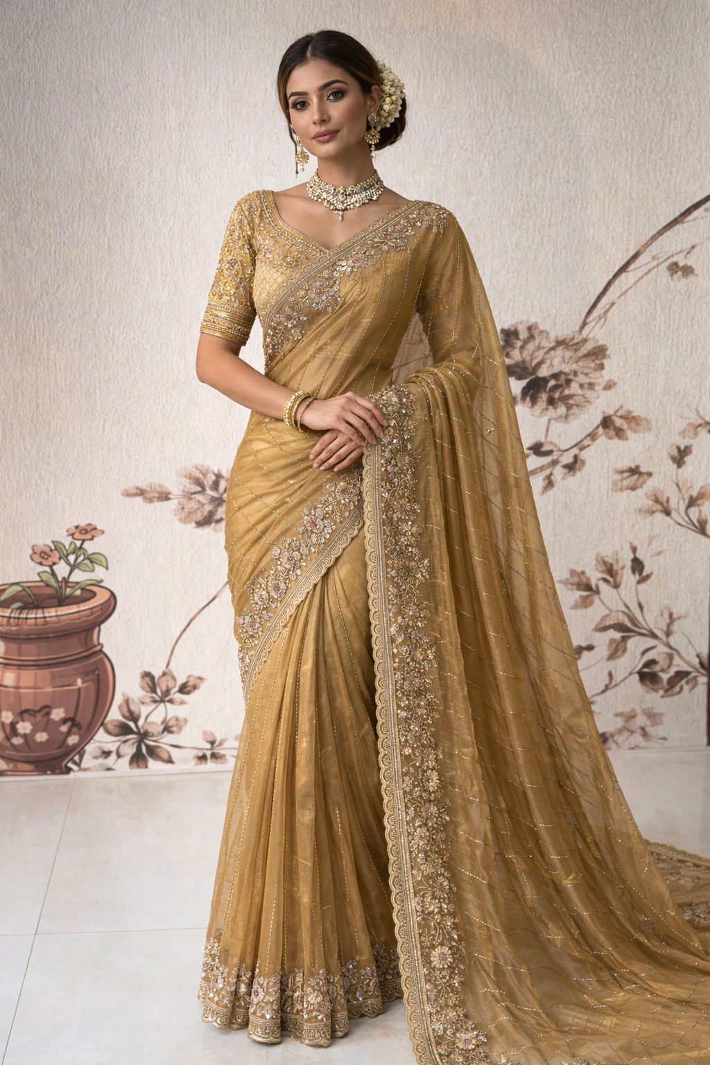 Pure Chanderi Multicolour Handwork Saree with Contrast Heavy Designer Blouse