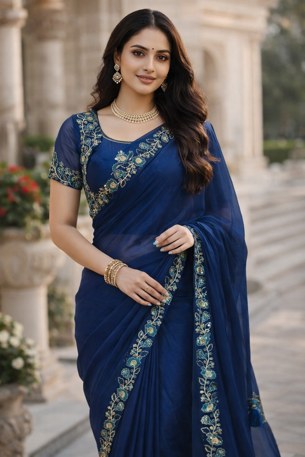 Royal Blue Pure Chanderi Embroidered Saree With Ready Blouse
