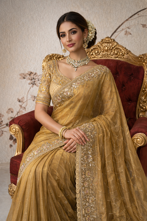 Pure Chanderi Multicolour Handwork Saree with Contrast Heavy Designer Blouse