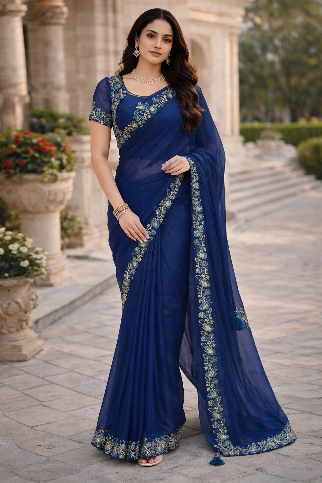 Royal Blue Pure Chanderi Embroidered Saree With Ready Blouse