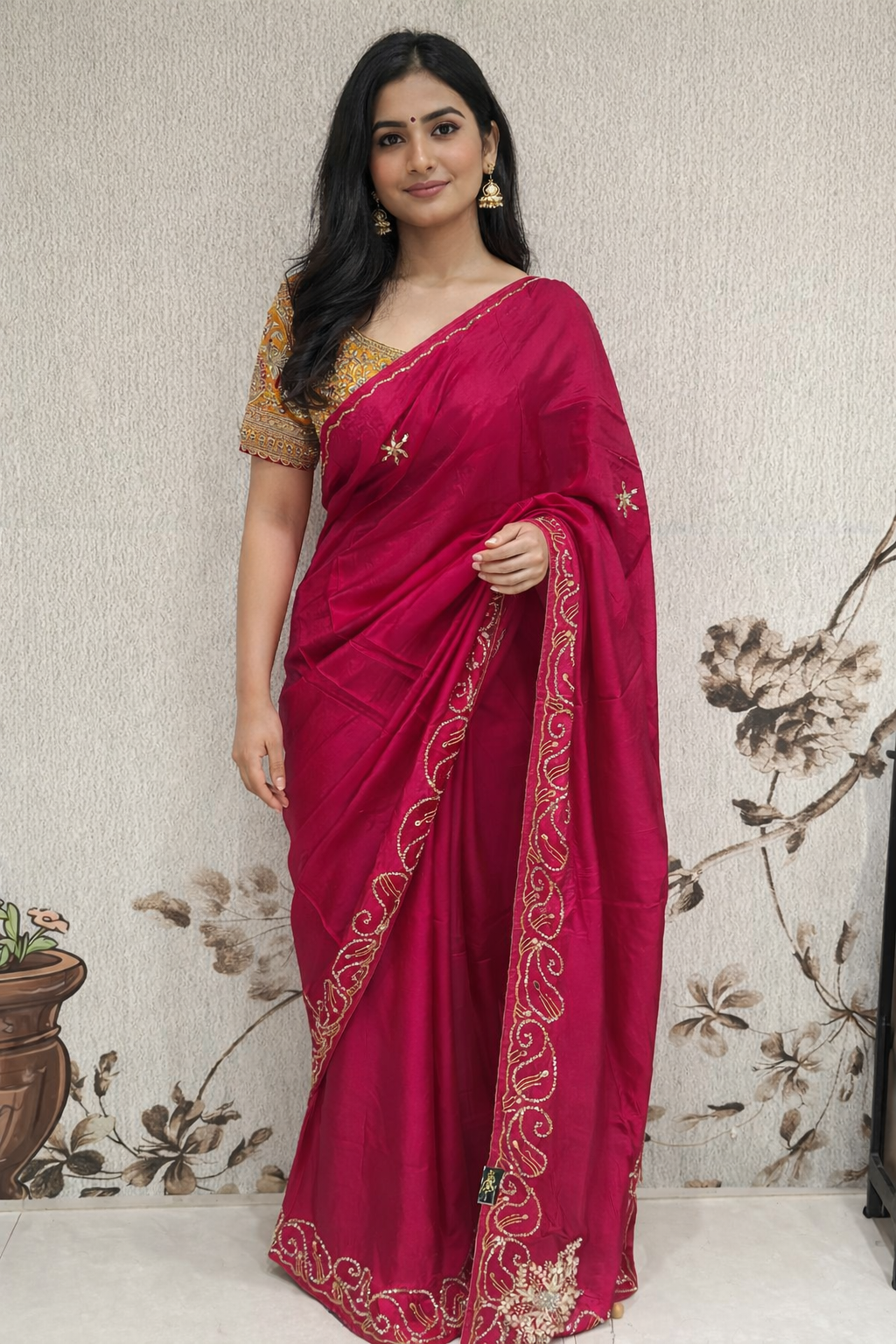 Rani Pink Handcrafted Party Wear Saree with Contrast Blouse